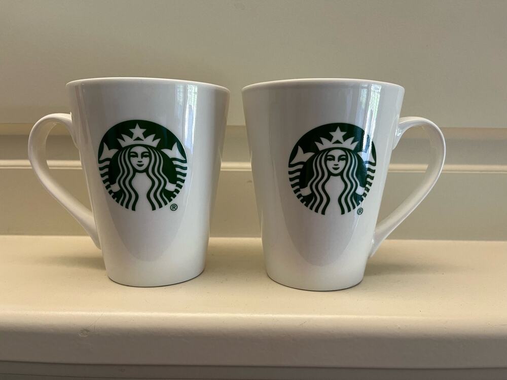 Set of two Starbucks White Ceramic Coffee Mugs 12 oz Green Siren Logo drinkware